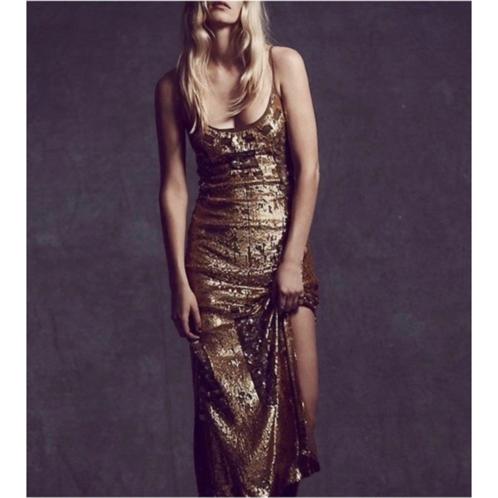 Free People Gold Sequin Million Dollar Maxi Dress Sz M Flapper